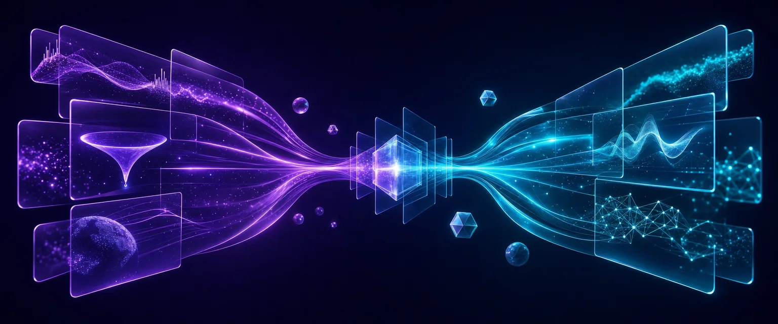 Abstract violet and cyan render of converging panels and ribbons, representing a focused paid-social team