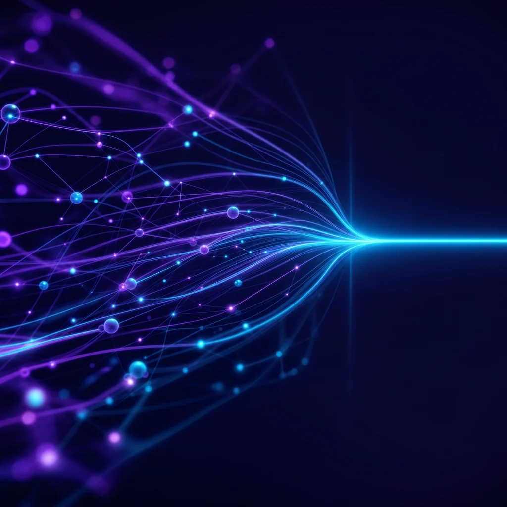 Abstract render of a glowing node network converging into one signal path, representing conversion tracking
